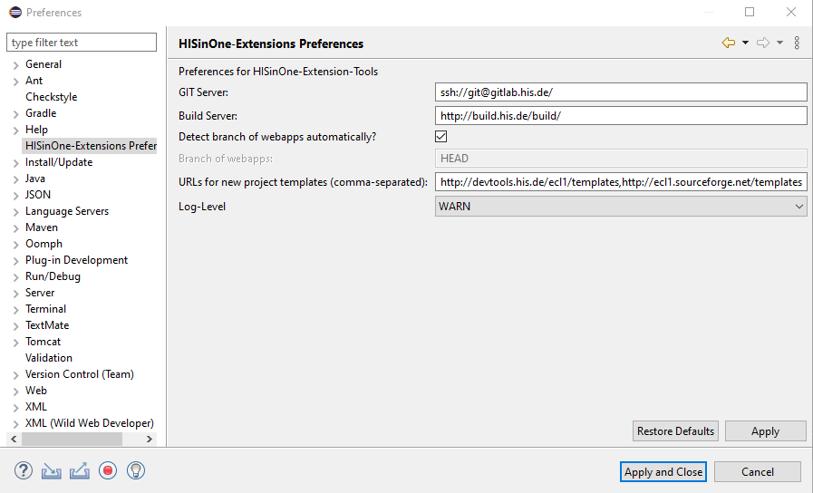 Screenshot of preferences dialogue showing configuration parameters for extension import.