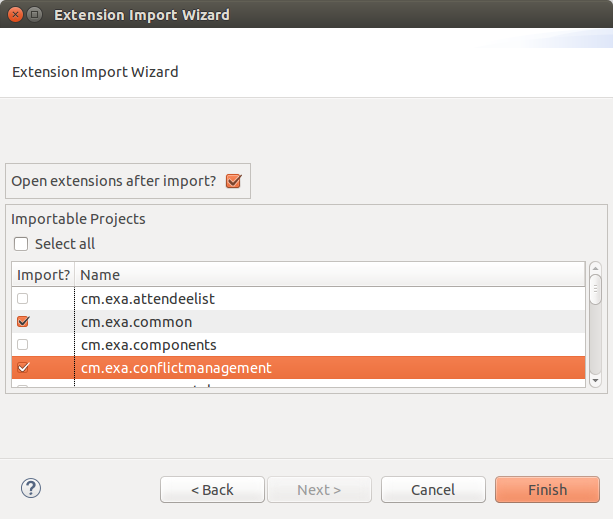 Screenshot of import wizard showing a list of HISinOne extensions for import